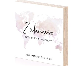 Holzbild Zuhause personalisiert mit Koordinaten und Namen als Geschenk oder Geschenkidee zum Umzug Einzug Wohnung Haus (rosé)