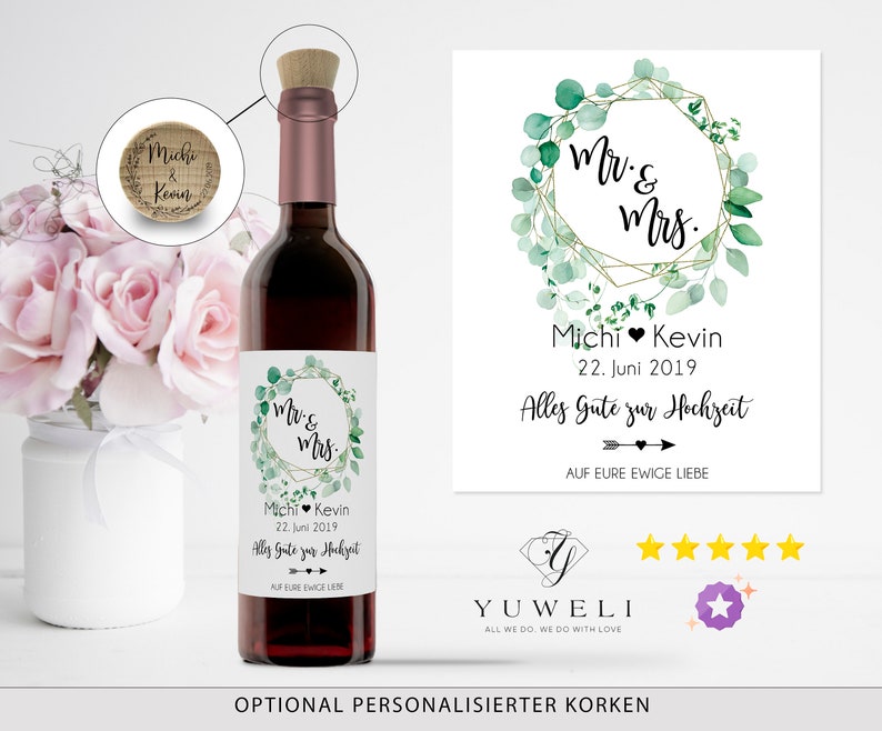 Flaschenetikett Mr & Mrs personalisiert mit Namen und Datum Wein Etikett Hochzeit Geschenk Hochzeitsdeko Weinetikett optional mit Korken Bild 1