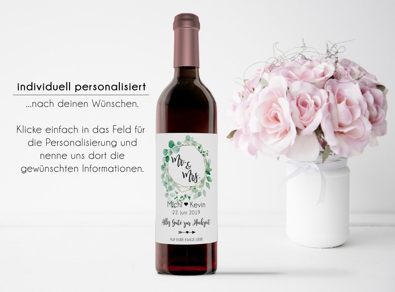 Flaschenetikett Mr & Mrs personalisiert mit Namen und Datum Wein Etikett Hochzeit Geschenk Hochzeitsdeko Weinetikett optional mit Korken Bild 3