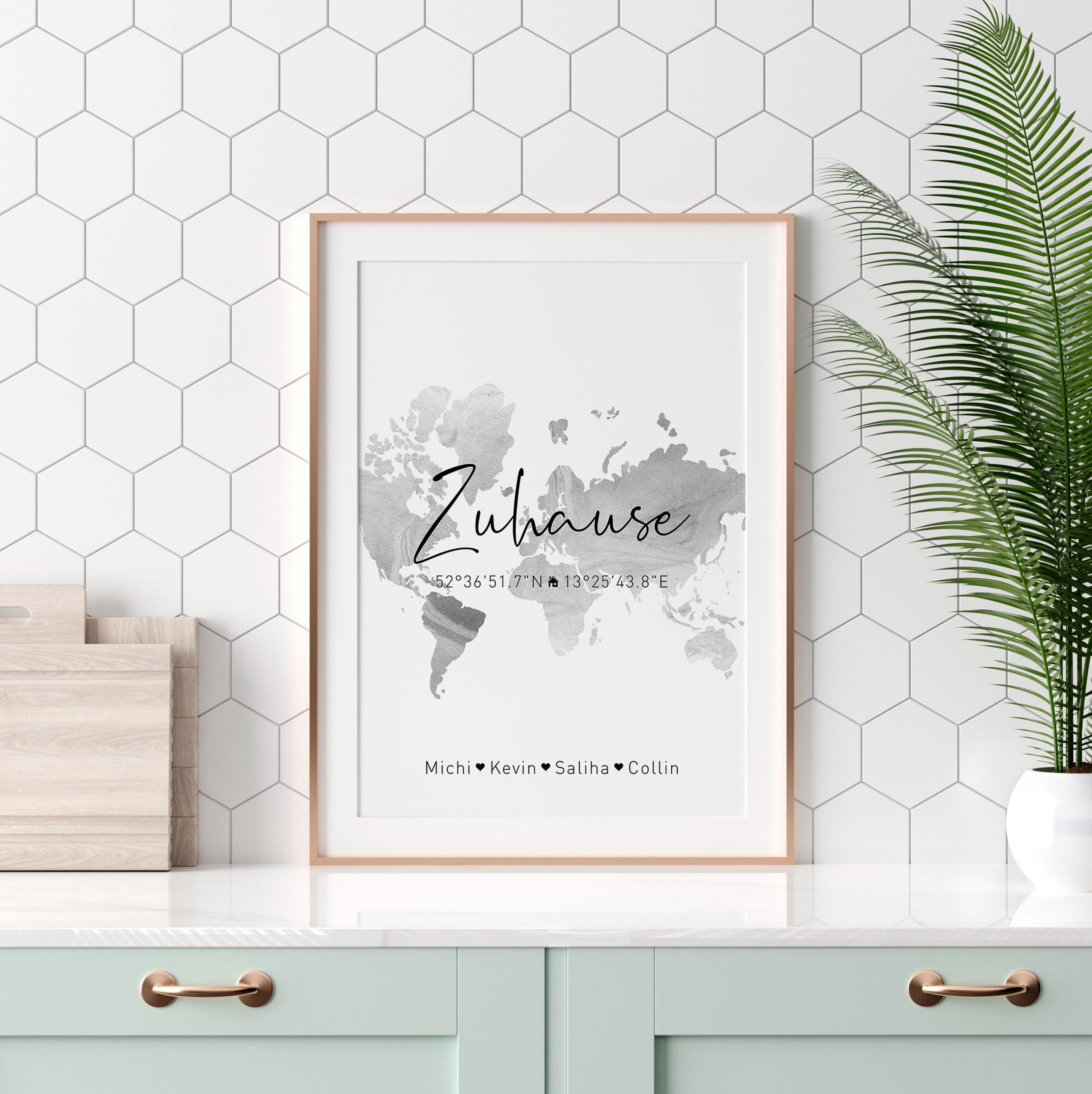 Zuhause Kunstdruck | personalisiert mit Koordinaten | Namen in A4 oder A3
