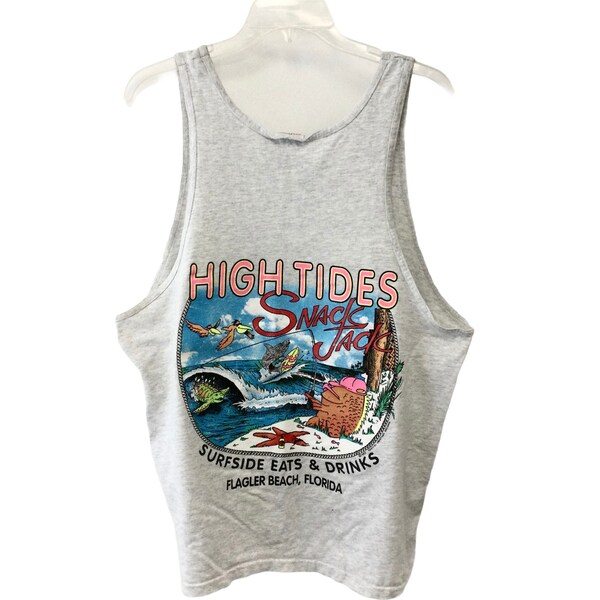 Vintage 90s Flagler Beach Florida Bar Tank Top Adult M/L Gray HIGH TIDES Snack Bar Pelicans Shark Turtle
