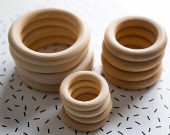 Wooden rings pack, 40x7mm 55x10mm and 70x10mm, for craft, planthangers, diy, macrame and weaving.