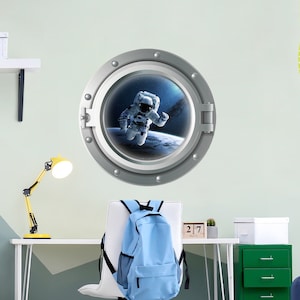 Wall sticker for kids - 3D porthole - astronaut in space | children wall stickers cosmos