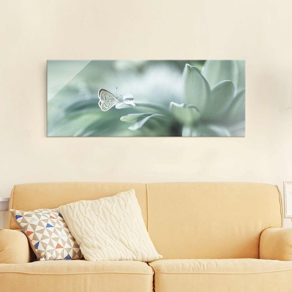 Print on Glass - Butterfly And Dew Drops In Pastel Green  | glass picture glass print glass wall art