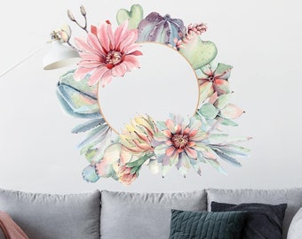 Tatouage de mur - Aquarelle Cactus couronne de fleur XXL | Sticker mur chambre autocollant murale de décoration florale feuilles Botanique