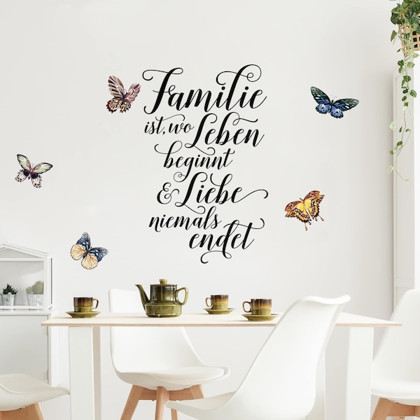 Wandtattoo mehrfarbig - Familie ist wo Leben beginnt | Wandsticker Wandaufkleber Wanddeko Schmetterlinge Familie