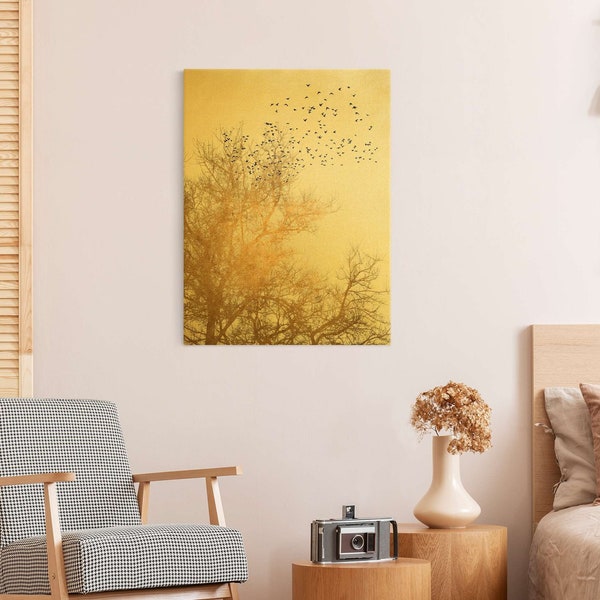 Tableau sur toile or - Flock Of Birds In Front Of Golden Tree | peinture carré de l'art artiste mur ouvrages d'art