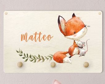 Children's coat rack - Fox And Mouse Are Friends With Customised Name | Wall Coat Rack Child Kids