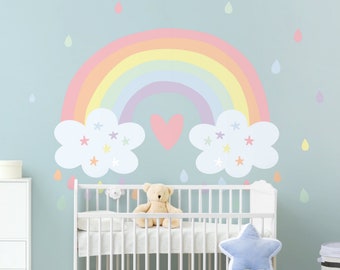 Wandtattoo mehrfarbig Kinderzimmer - XXL Regenbogen Herz Pastell | Mädchen Kinder Wandsticker Mädchenzimmer Babyzimmer Wandaufkleber Herzen