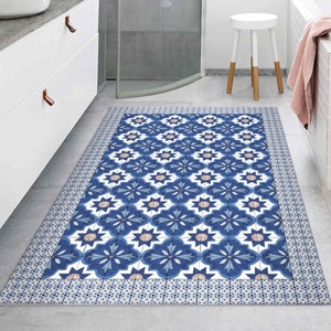 Vinyl Floor Mat Moroccan Tiles Watercolour Blue With Tile Frame Floor Mat Vinyl Carpet PVC Kitchen Floor Protection image 1