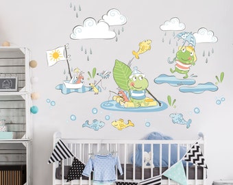 Wandtattoo Kinderzimmer -  Frösche - Angelspaß im Regen | XXL Kinder Wandsticker Babyzimmer Wandaufkleber Baby Tiere Süß