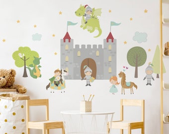 Sticker mural pour chambre d'enfant garçon - château chevalier dragon prince princesse | Autocollants muraux pour enfants, autocollants muraux pour chambre de garçons, décoration murale