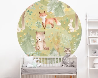 Round kids wallpaper self-adhesive - rabbit and fox on green meadow | nursery and child's room children