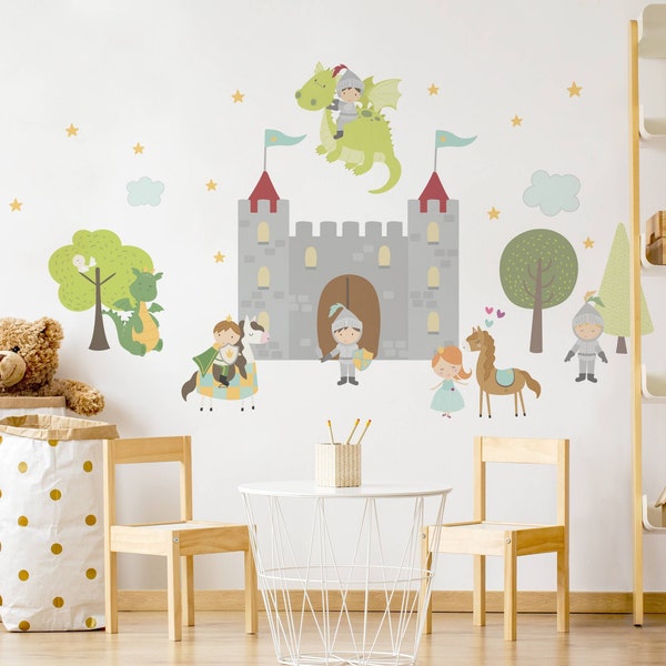 Vinilo infantil - Castillo caballeros dragones príncipe y princesa | Vinilos de pared Decoración Dormitorio Cuarto Habitación Niños