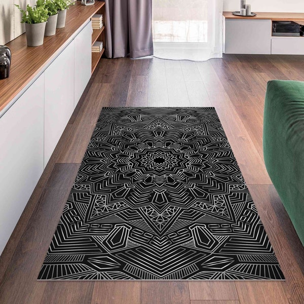 Tapis en vinyle - Mandala Star Pattern Silver Black | tapis vinyle PVC tapis de vinyle tapis protection pour sol