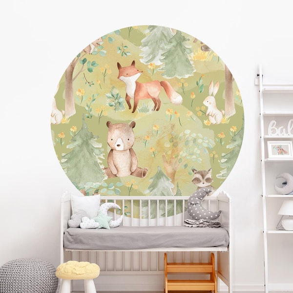 Runde Tapete selbstklebend Kinderzimmer - Hase und Fuchs auf Grüner Wiese | Kindertapete Babyzimmer Kinder Fototapete Babytapete Baby Tiere