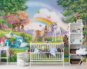 Vliestapete Kinderzimmer Zauberwald mit Einhorn Prinzessin Regenbogen Mädchen Fototapete Tapete Wandbild Wanddeko Mädchenzimmer Baby-Zimmer