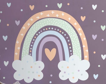 Wandtattoo arc-en-ciel avec des nuages pastel | Filles Garçons Enfants Sticker mural Chambre des filles Chambre des garçons Chambre bébé Autocollants Coeurs