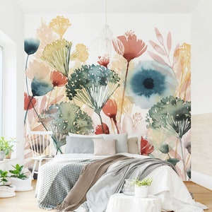 Fototapete Wildblumen im Sommer I Tropical Fototapete Wasserfarbe Aquarell Blumen Schlafzimmer Bild 1