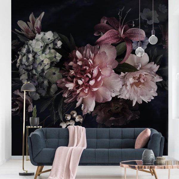 Behang bloemen met mist op zwart | Vintage fotobehang vliesbehang bloemenbehang shabby XXL slaapkamer
