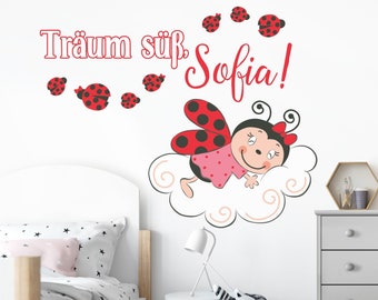 Tatouage mural avec le texte souhaité - Rêves de coccinelle mignon - texte | XXL enfants stickers muraux baby-room autocollant bébé animaux nom texte souhaité