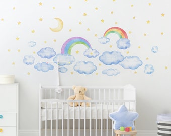 Tatouage mural multicolore Chambre enfant - Aquarelle nuages arc-en-ciel étoiles set | Fille Garçons Enfants Stickers muraux Baby Stickers muraux autocollants