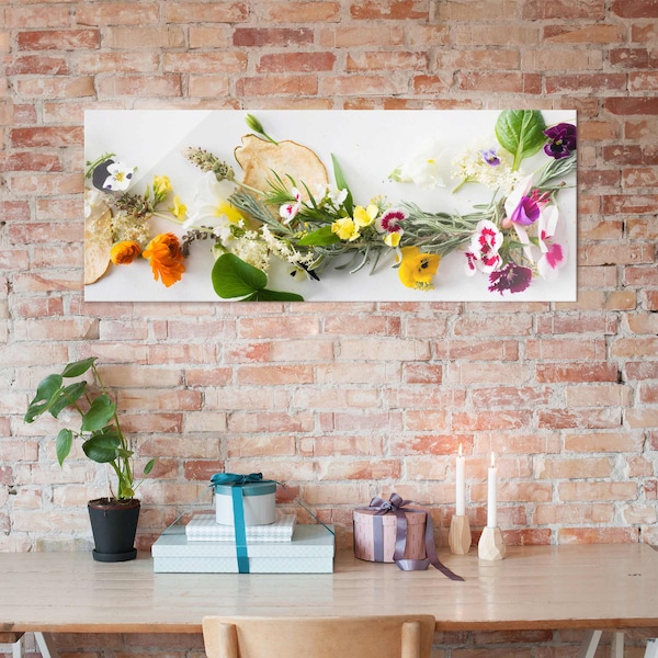 Quadro in vetro cucina - Aromi e fiori freschi su bianco | Panorama Largo decorazioni murali vetro