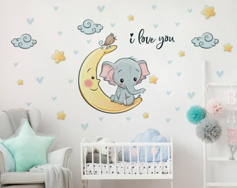 Wall Decal Chambre d’enfants - Elephant Moon Je t’aime | Enfants Sticker Mural Chambre Bébé Sticker Mural Décoration Murale Animaux Doux