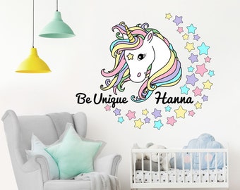 Tatouage mural avec le texte souhaité - Licorne Illustration Pastel Étoiles |  Stickers muraux enfants Chambre bébé autocollant pour filles Étoiles