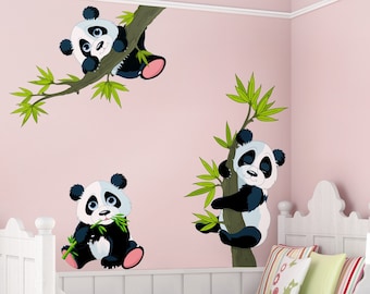 Sticker mural pour chambre d'enfant - ensemble d'ours panda | Stickers muraux enfant chambre bébé stickers muraux branche décoration murale branche bébé douce