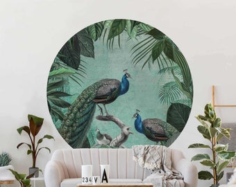 Round wallpaper self-adhesive - Shabby Chic Collage - Noble Peacock | Bedroom Living Room Landscape Animals Bird