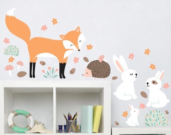 Wandtattoo Chambres d’enfants - Forest Friends avec lapin hérisson et renard | Enfants autocollants muraux chambre de bébé Autocollant murale décoration douce lapin lapin hérisson