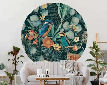 Runde Tapete selbstklebend - Blumenparadies Eisvogel und Kolibri | Runde Tapete Schlafzimmer Fototapete