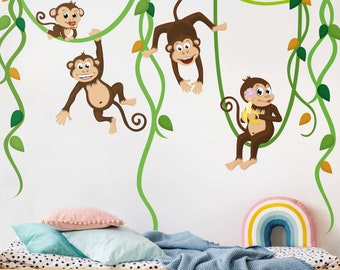 États mural chambre d’enfant - bande de singes | Enfants stickers muraux chambre bébé autocollant mural de décoration douce jungle Safari