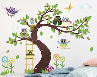 Wandtattoo Kinderzimmer - Lustiger Eulenbaum | Kinder Wandsticker Babyzimmer Wandaufkleber Wanddeko Süß