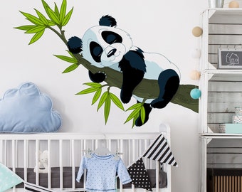 Sticker mural pour chambre d'enfant - Panda endormi | Stickers muraux enfant chambre bébé stickers muraux branche décoration murale branche vert doux