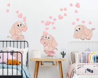 Tatouage murale - Trois babies roses d’éléphant avec coeur | Enfants Chambre d’enfants Sticker mur bébé autocollant mur de décorations