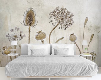 Behang XXL bloemen vintage shabby | Fotobehang paardenbloem wit sepia bloemenbehang slaapkamer
