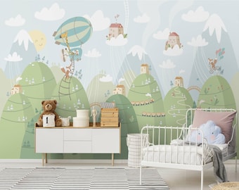 Non-woven Wallpaper - Forest With Houses And Animals - Mural Landscape Format | Nursery and child's room