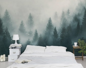 Tapete Wald im Nebel | Nebeliger Nadelwald Bäume Tannen Fototapete Breit, Vliestapete Wandtapete Schlafzimmer Jäger