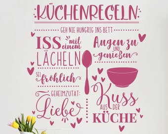 Wandtattoo Küche Sprüche - Regeln Liebe Lächeln Genießen | 34 Farben, Wandsticker Wandaufkleber Wanddeko