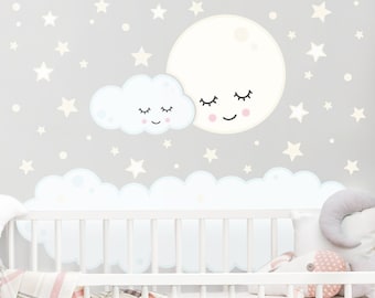 Sticker mural chambre d'enfant - étoiles lune nuage avec yeux endormis | Stickers muraux enfant chambre bébé stickers muraux décoration murale bébé doux