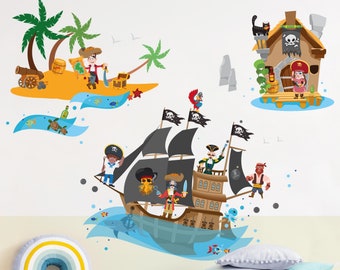 Wall sticker for kids - Pirate Ship Treasure Island Mega Set | Children wall stickers Jolly Roger