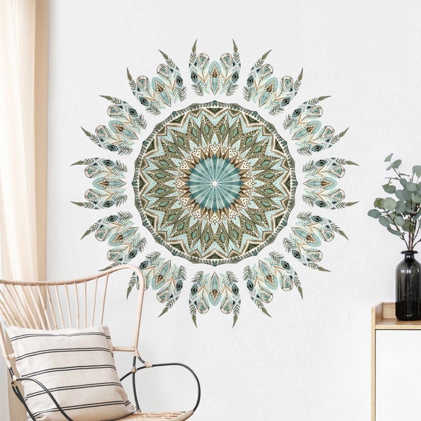 Wall sticker - Mandala Watercolor Feathers Blue Green | wall stickers decoration pattern spiritual esoteric