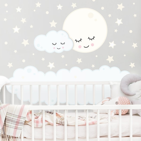 Wall sticker for kids - Stars Moon Cloud With Sleeping Eyes | children wall stickers animals