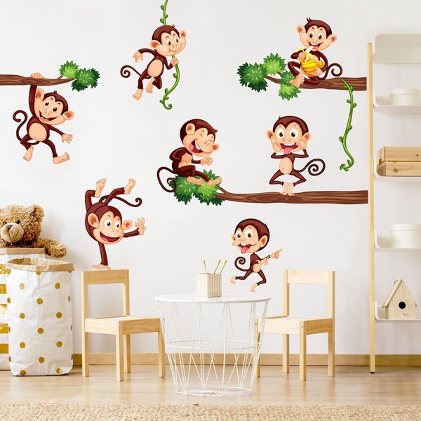 Wandtattoo Kinderzimmer - Affenfamilie | Kinder Wandsticker Babyzimmer Wandaufkleber Wanddeko Süß Dschungel Safari
