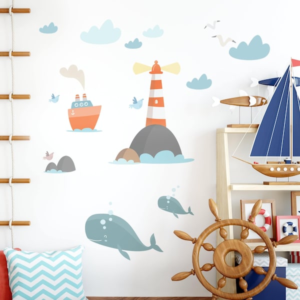 Wandtattoo Kinderzimmer - Leuchtturm und Wale | Kinder Wandsticker Babyzimmer Wandaufkleber Wanddeko Süß