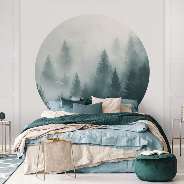 Round wallpaper self-adhesive - Coniferous Forest In Fog | Bedroom Living Room Landscape