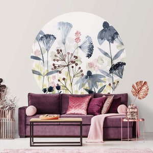 Round wallpaper self-adhesive - Wild Flowers Watercolor I | Bedroom Living Room Floral Image