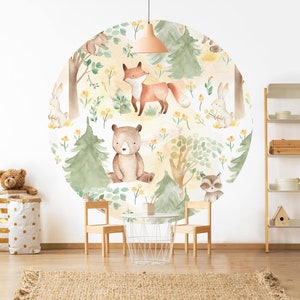 Round kids wallpaper self-adhesive - fox and hare with trees | nursery and child's room children